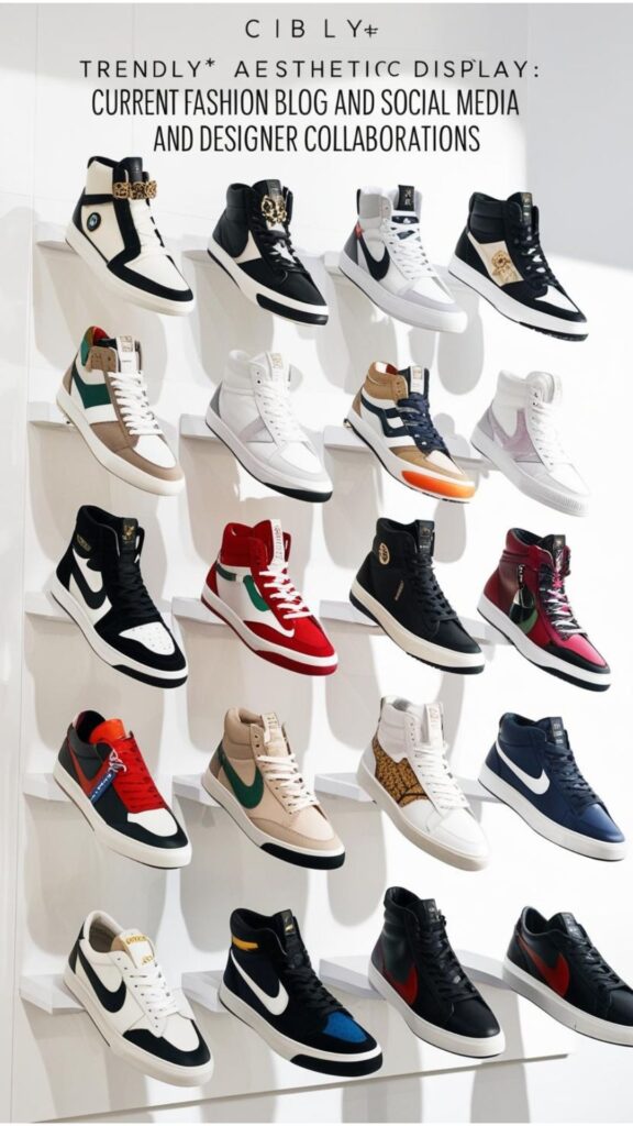 A display of trendy shoes aesthetic sneakers highlighting current fashion blog and social media trends, as well as designer collaborations for must-have styles.
