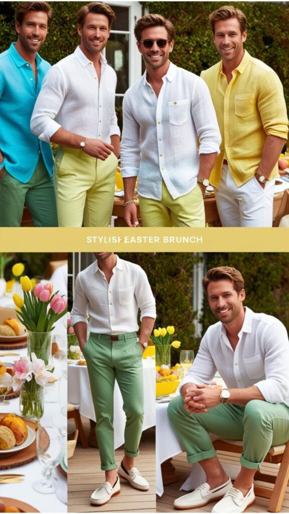 For a stylish Easter brunch, good looking men can wear a linen shirt with chinos and boat shoes, embracing a relaxed spring look with bright colors and light fabrics.