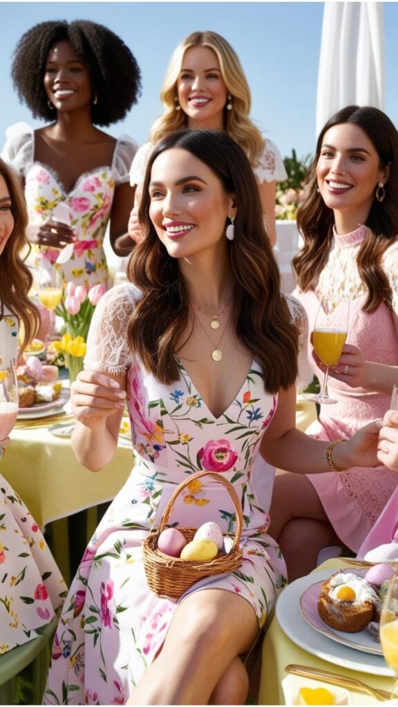 Beautiful women can wear floral dresses, pastel jumpsuits, or skirts with lace tops to Easter brunch, embracing spring style with bright colors and light fabrics.