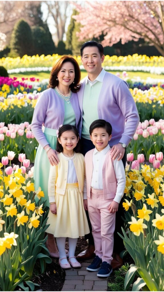 A family posing for Easter photos in a spring garden. They are wearing coordinating outfits in pastel colors.