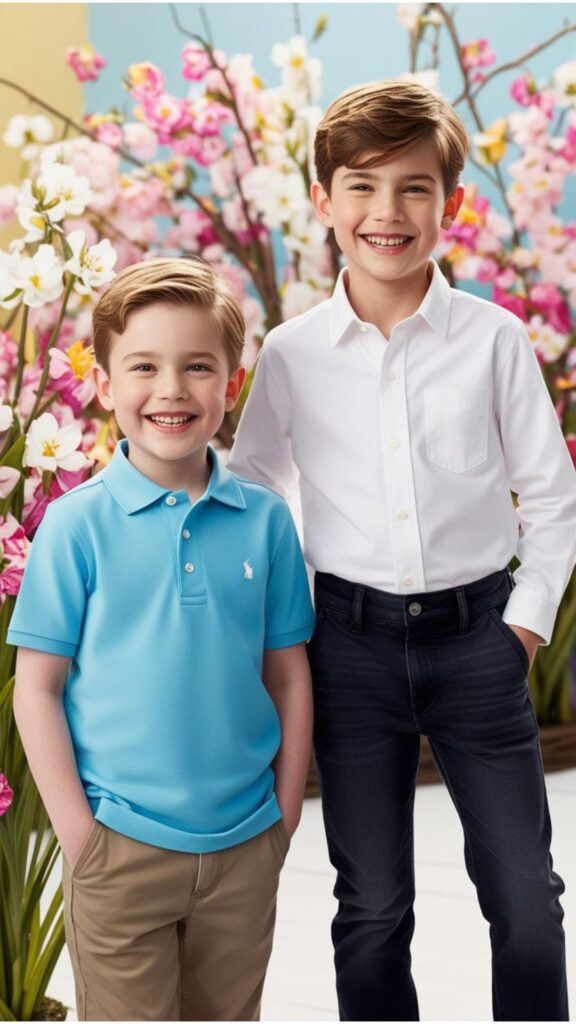 For Easter, young boys can wear polo shirts, chinos, or button-down shirts with jeans for a stylish and comfortable look.