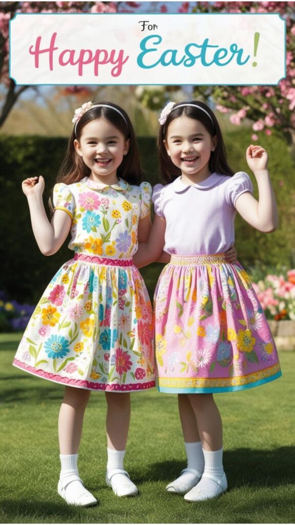 For Easter, young girls can wear colorful dresses, skirts, or jumpsuits with fun patterns to express their style.