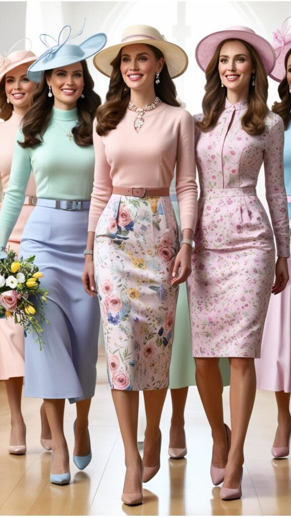 For Easter Sunday church, stunning women can wear dresses, skirts, or dress pants with blouses or sweaters in pastel colors or floral prints, and accessorize with a stylish hat.