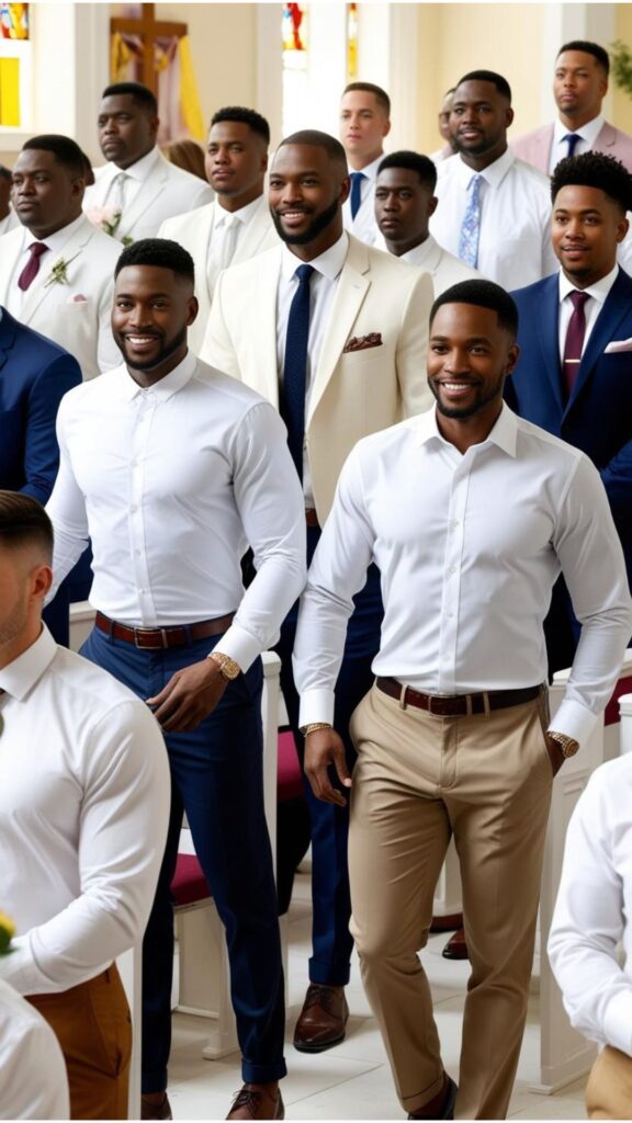 Good-looking men can wear a dress shirt with trousers or chinos for Easter Sunday church, and elevate the look with a blazer or tie.