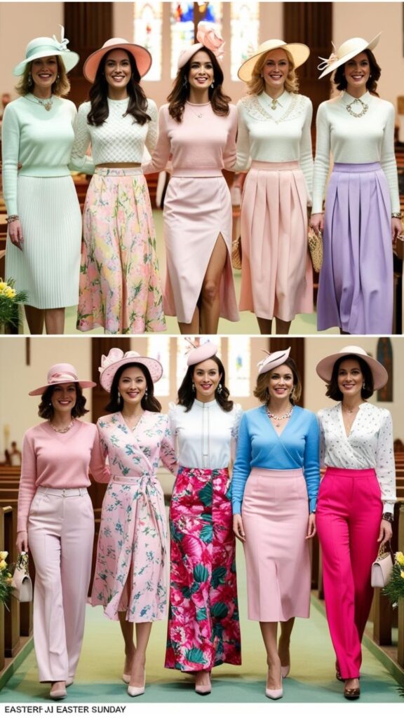 For Easter Sunday church, stunning women can wear dresses, skirts, or dress pants with blouses or sweaters in pastel colors or floral prints, and accessorize with a stylish hat.