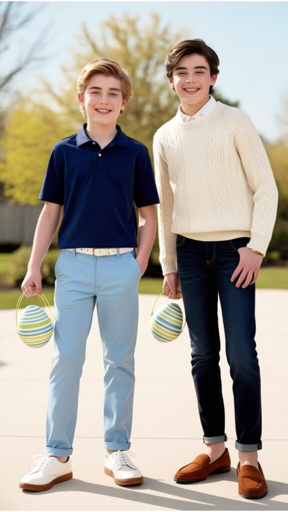 Teen boys can wear chinos or jeans with a polo shirt or sweater for Easter, completing the look with sneakers or loafers.