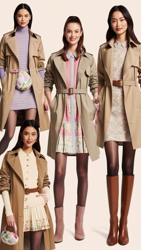 For a warm Easter outfit, stunning women can layer a trench coat or cardigan over a dress or skirt, and add tights and boots for extra warmth.