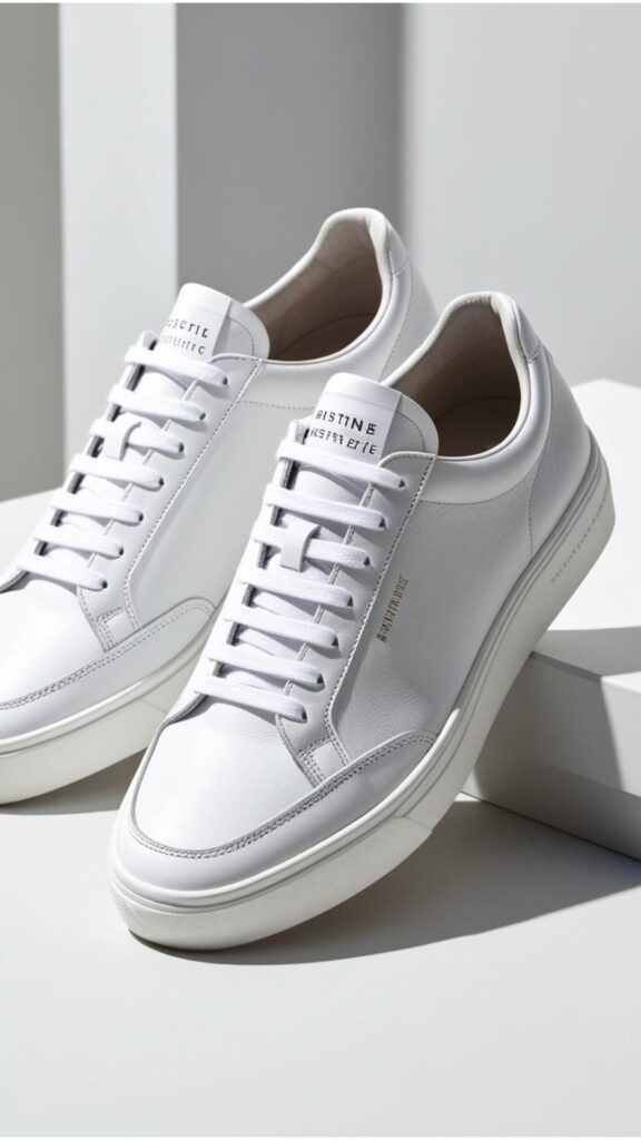 A pair of pristine white shoes aesthetic sneakers, perfect for summer, bringing a clean and fresh aesthetic to any ensemble.