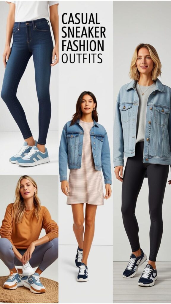 A woman's casual sneaker fashion outfits displayed, showcasing pairings with jeans and t-shirts, dresses and denim jackets, and leggings and sweaters for effortless style.