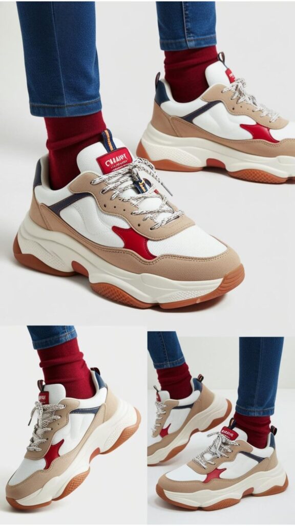 Chunky dad sneakers displayed, emphasizing comfort and retro-inspired design, suitable for both casual and dressier outfits.