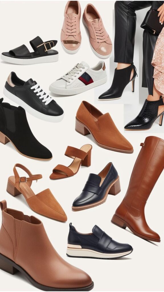 A collage of various stylish shoes worn by women, showcasing different aesthetics from casual to formal.