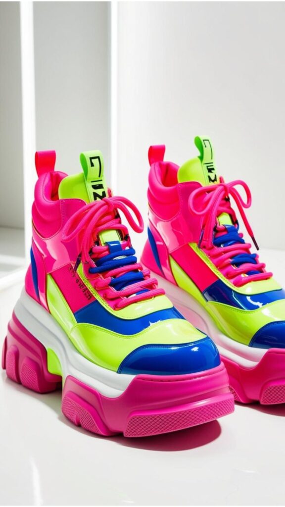 Chunky platform shoes aesthetic sneakers y2k style with bold colors, capturing the nostalgic yet modern essence of the early millennium.