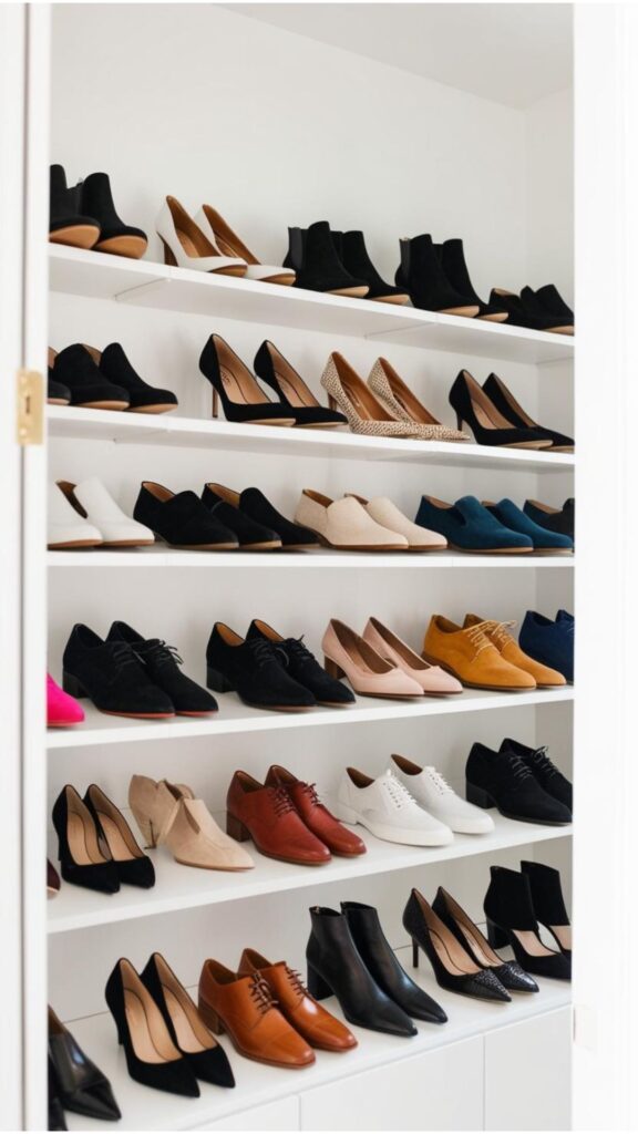 A well-organized and visually appealing display of a personal shoe collection, showcasing different styles and colors.