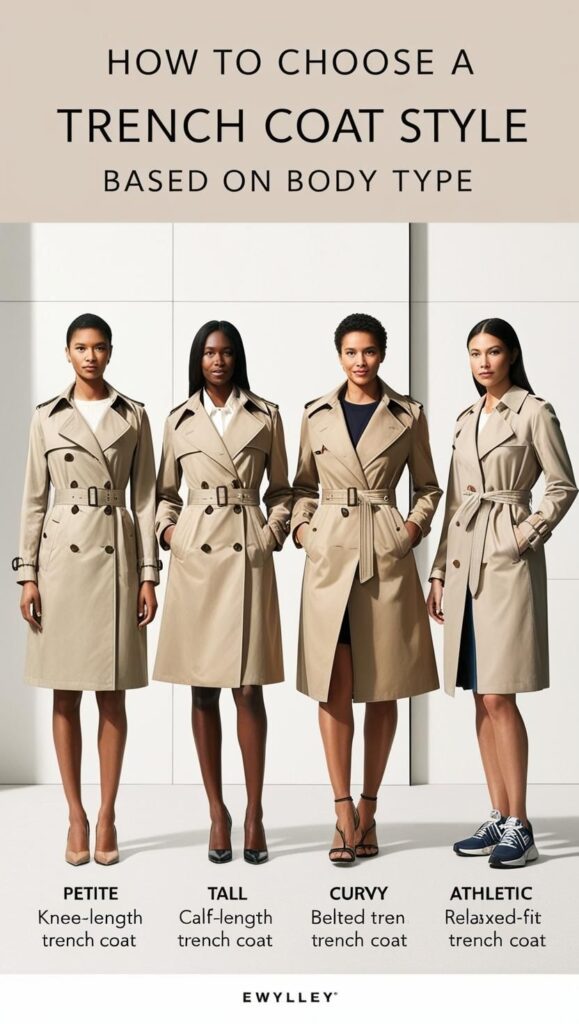 Choosing the right trench coat depends on your body type. Petite figures suit shorter lengths, taller individuals can wear longer styles, curvy figures benefit from belted styles, and athletic builds suit relaxed fits.