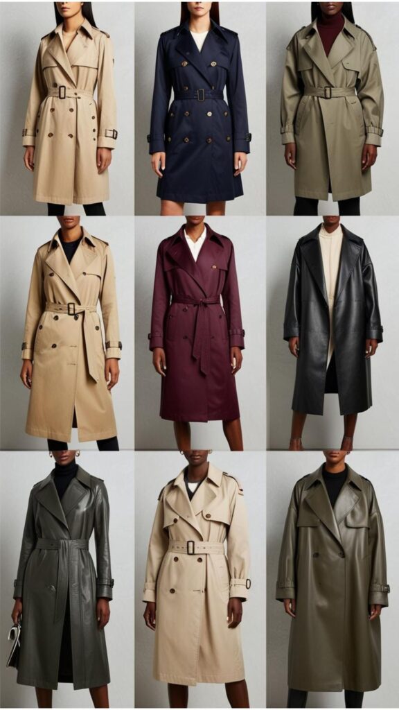 A collage showcasing different types of trench coats, including classic, single-breasted, short, leather, and oversized styles.