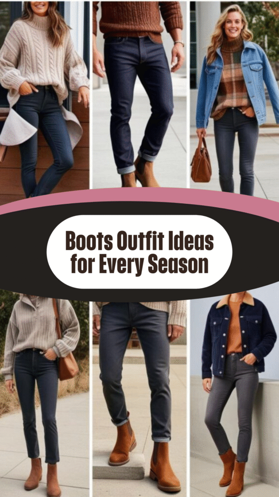 Several examples of casual boots outfits for both men and women, featuring comfortable boots paired with jeans, sweaters, and casual jackets.