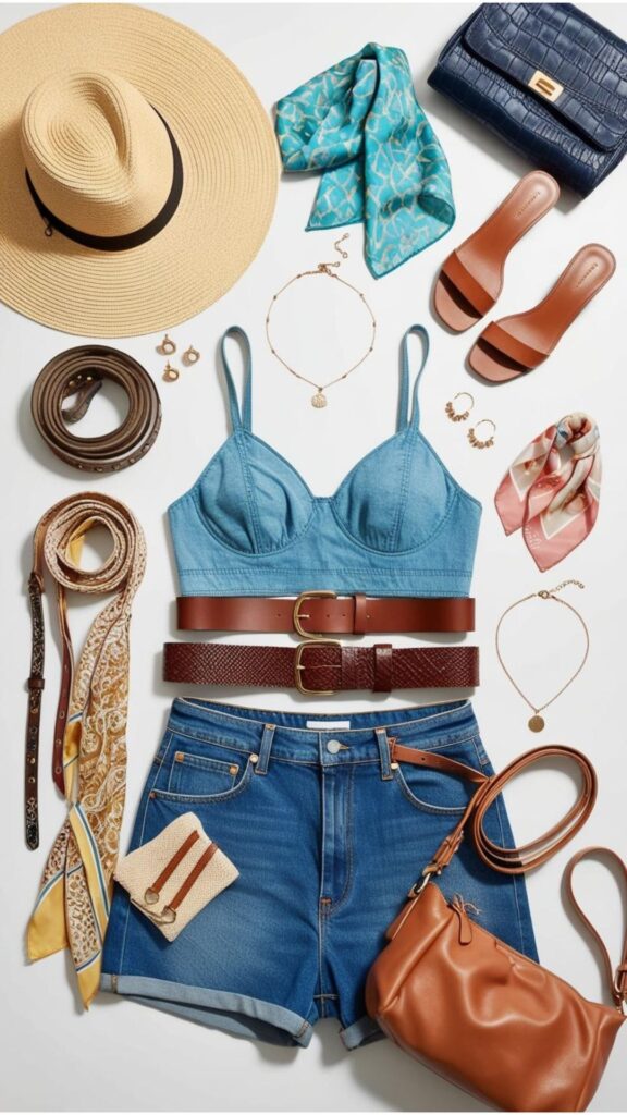 A flat lay showcasing different accessories that can be paired with denim shorts, including belts, hats, scarves, jewelry, and bags.