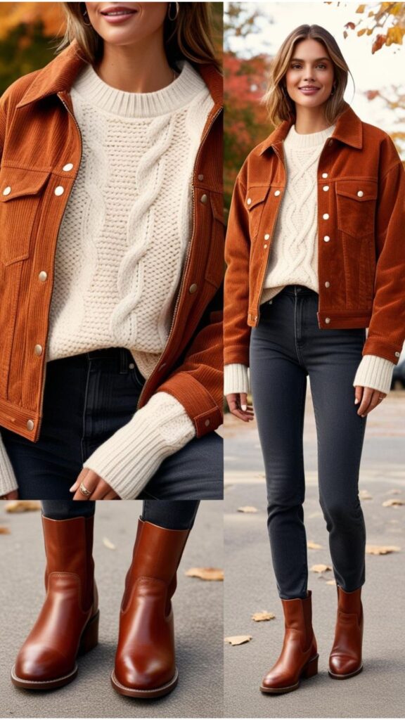 Cozy and stylish boots and jeans outfit ideas for fall, featuring ankle boots, dark-wash jeans, a knit sweater, and a stylish jacket in autumn colors.