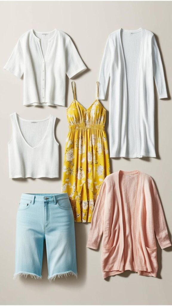 A collection of lightweight and breezy capsule wardrobe items perfect for summer, such as linen tops, denim shorts, a flowy dress, and a light cardigan.