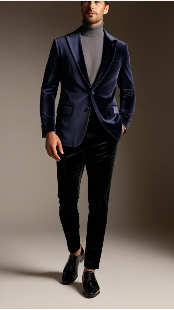 Generate an image of a man wearing a navy velvet blazer over a gray turtleneck sweater, paired with black dress pants and dress shoes.
