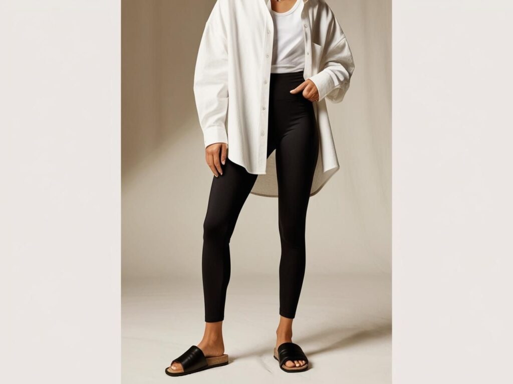 Black Leggings + Oversized White Button-Down + Slides