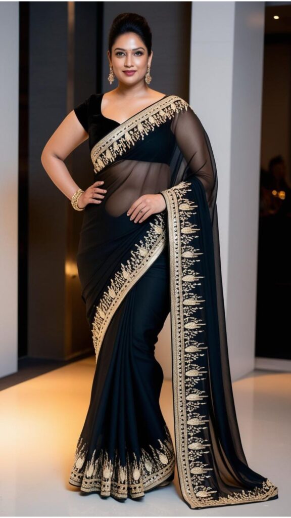 Trendy Indian plus-size black saree with intricate embroidery and sequins styled elegantly for evening events.