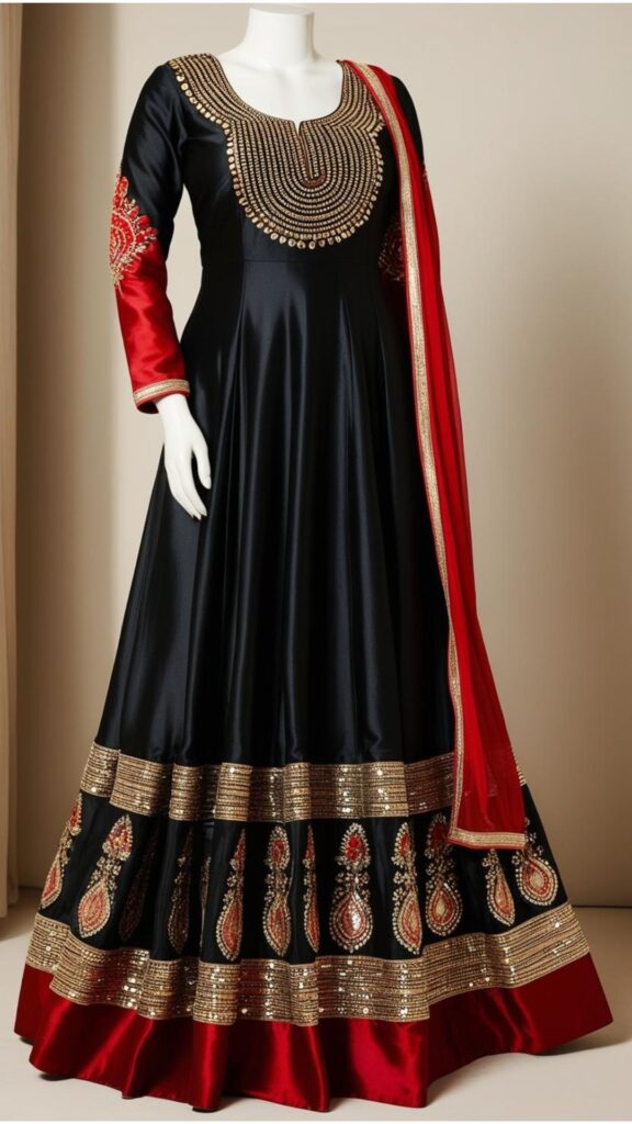 Trendy Indian plus-size black Anarkali suit with bold embellishments and contrasting colors for a striking look.