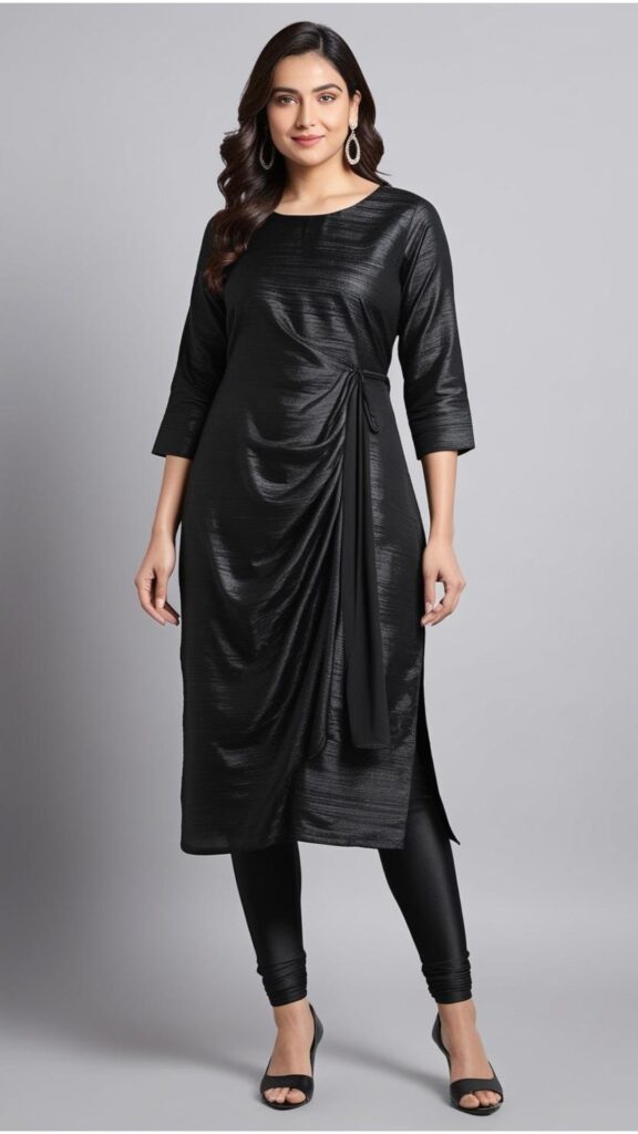 Trendy Indian plus-size black kurti paired with black leggings styled for a chic, modern, and comfortable look.