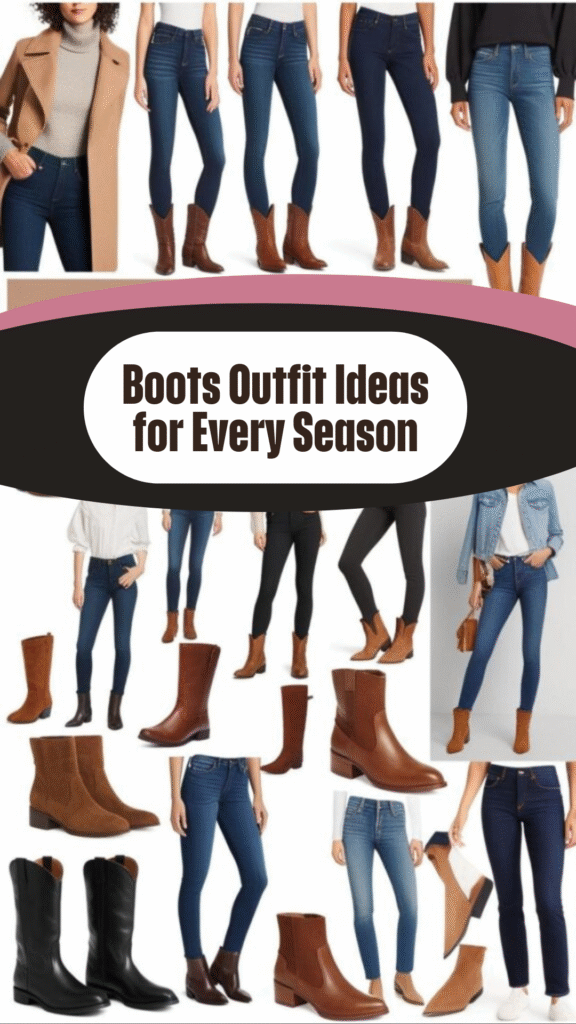 Numerous examples of classic boots and jeans outfits for both women and men, showcasing different boot styles and jean cuts.