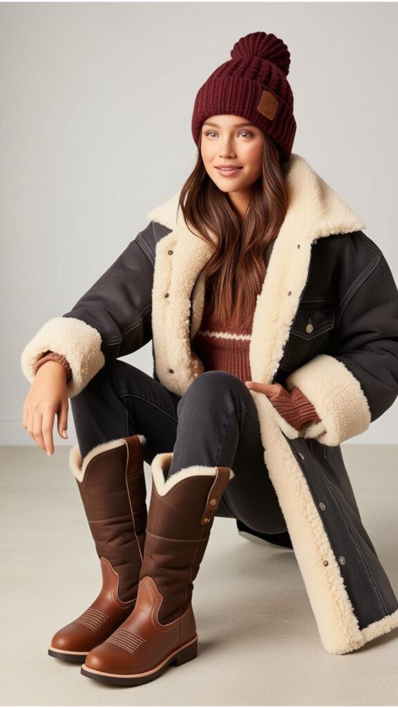 A stunning cowgirl-inspired winter outfit featuring insulated cowboy boots, jeans tucked in, a warm jacket, and a cozy hat.