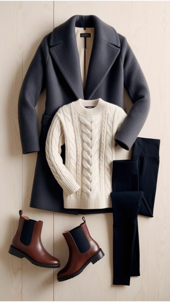 A collection of essential winter capsule wardrobe items laid out, including a wool coat, a chunky sweater, thermal leggings, and warm boots.