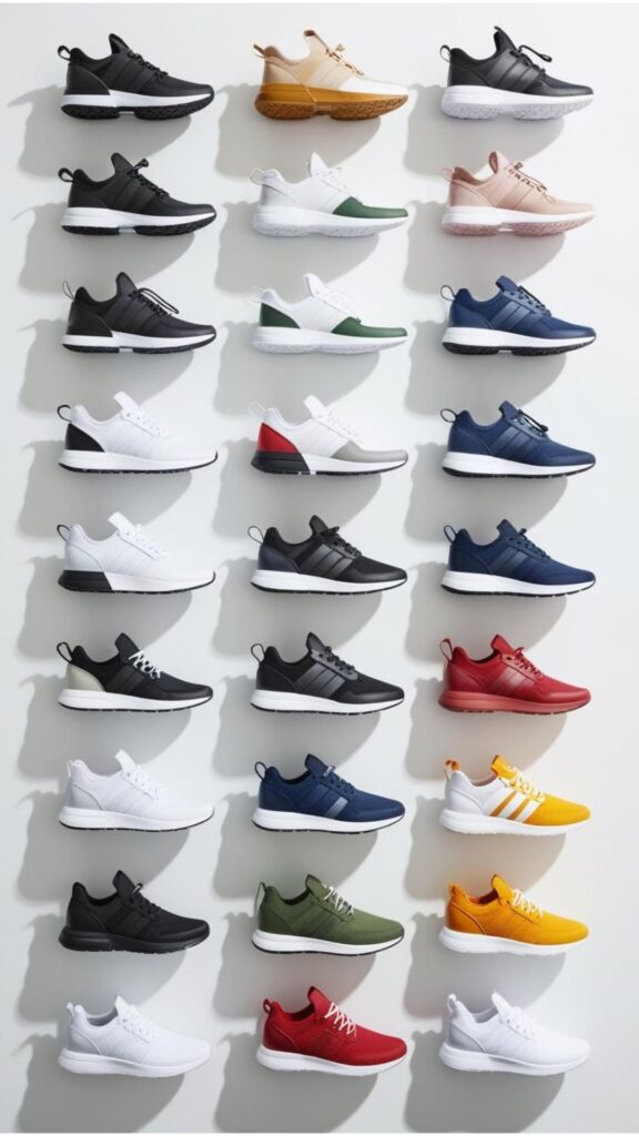 A collection of versatile sneakers displayed, emphasizing the importance of investing in footwear that can be paired with various outfits.