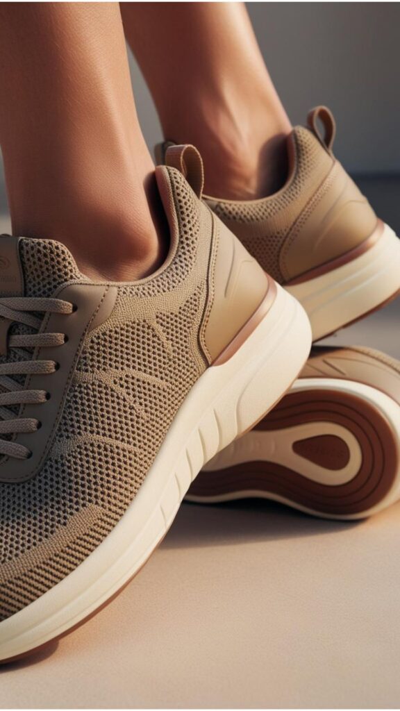 A close-up of comfortable and supportive sneakers, emphasizing the importance of all-day wearability in footwear selection.