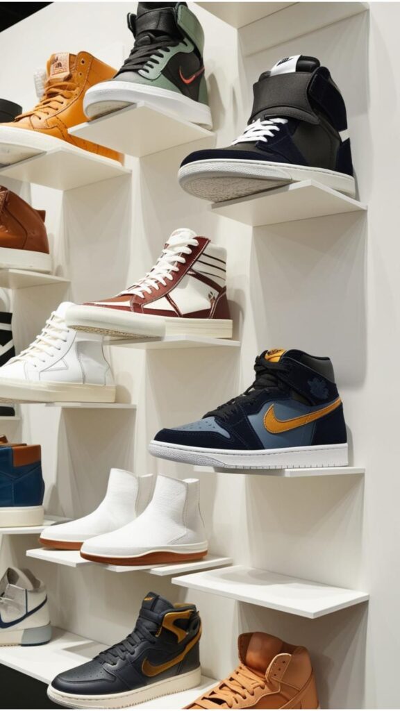 A display of various sneaker styles, emphasizing the importance of personal style and outfit compatibility for choosing complementary footwear.