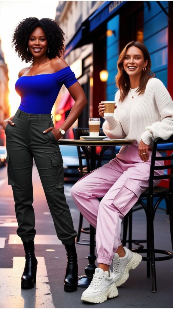A curvy woman in black cargo pants with a fitted blouse and heeled ankle boots, posing confidently.A lovely woman in pastel pink cargo pants, an oversized white sweater, and chunky sneakers, posing in a café.
