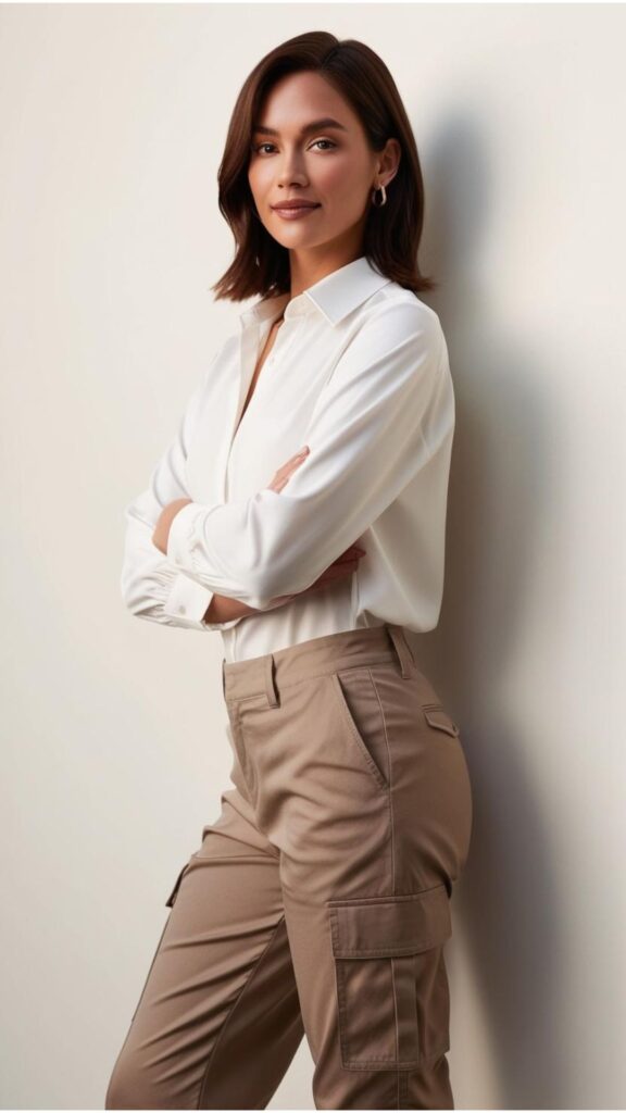 A pretty woman in beige cargo pants, a tucked-in white blouse, and gold hoop earrings, standing against a neutral-toned background.