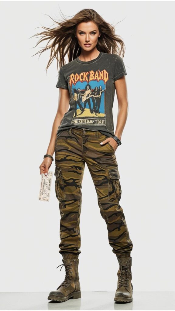A stunning woman in camo-print cargo pants, a band tee, and combat boots, holding a concert ticket in hand.