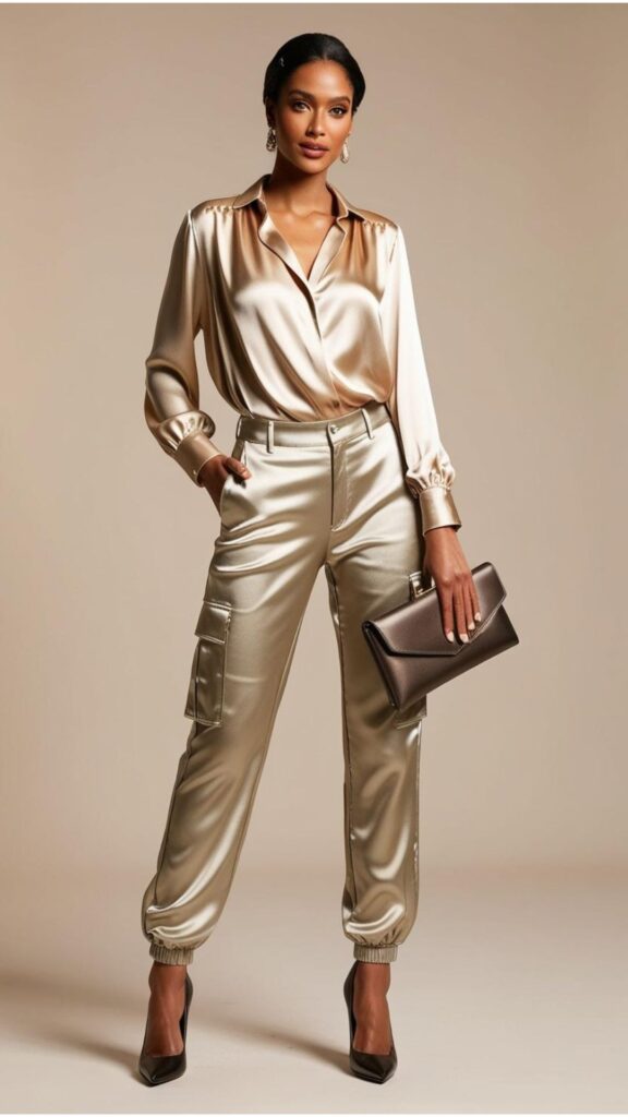 A woman in satin beige cargo pants, a silky blouse, and stiletto heels, posing with a clutch purse.