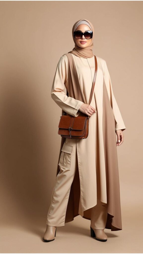 A hijabi woman wearing beige cargo pants with a long tunic and a matching hijab, accessorized with a crossbody bag and sunglasses.