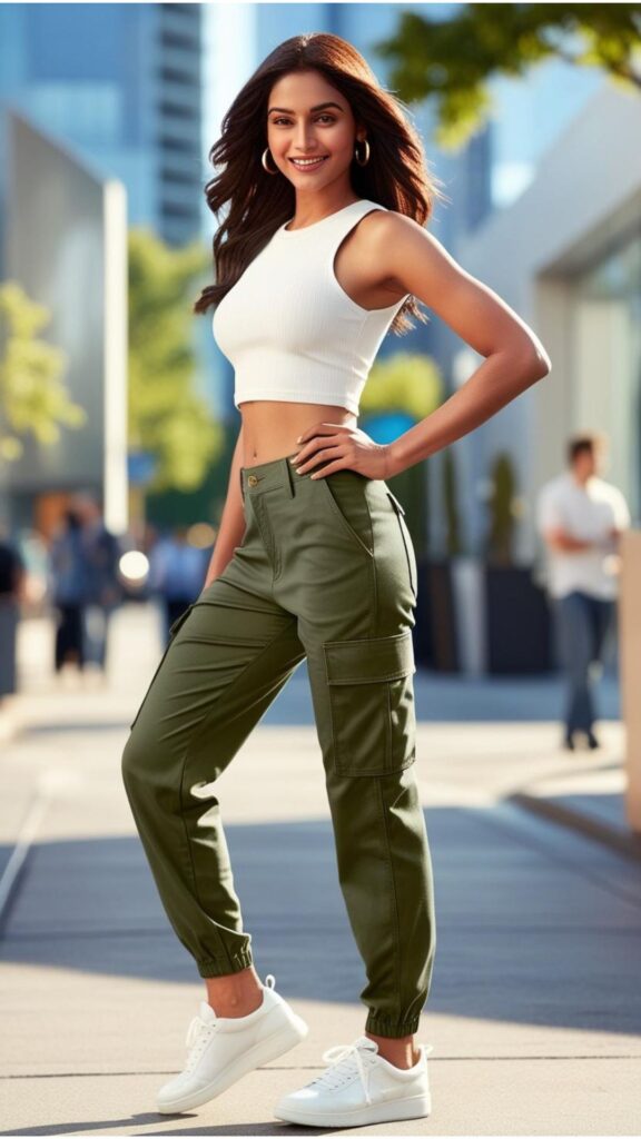 A lovely woman wearing olive green cargo pants with a fitted crop top and white sneakers, posing on a city street.