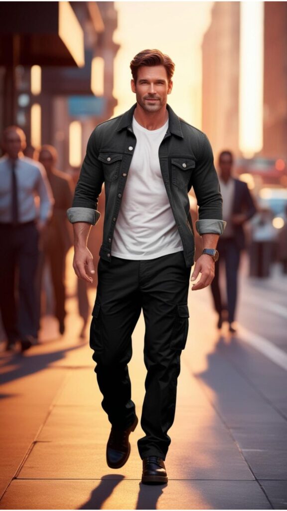 A handsome man wearing black cargo pants with a white t-shirt and denim jacket, walking down an urban street.