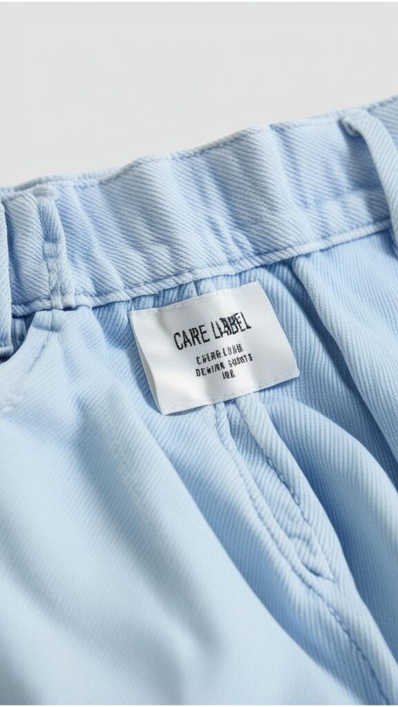 A close-up of a care label on a pair of denim shorts.