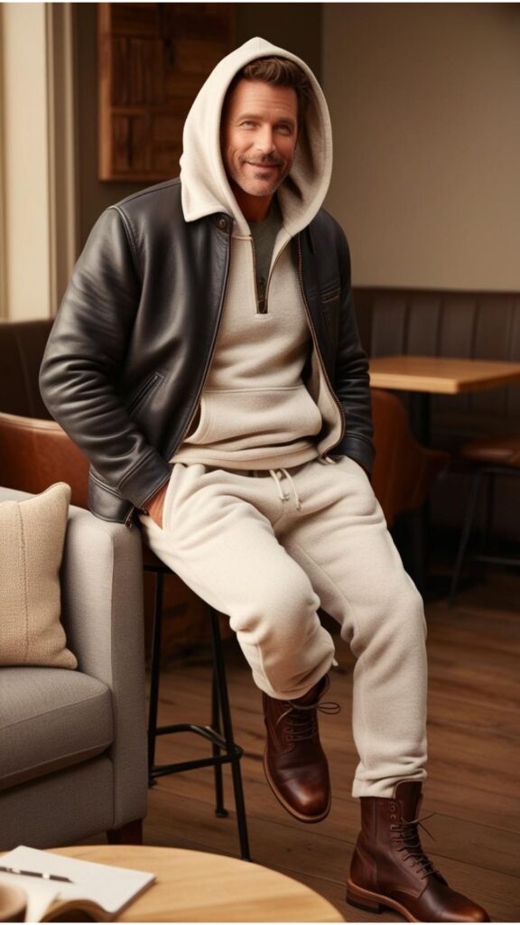 Comfortable and cozy, hoodies and sweatshirts can be dressed up with a stylish men's jacket and boots.