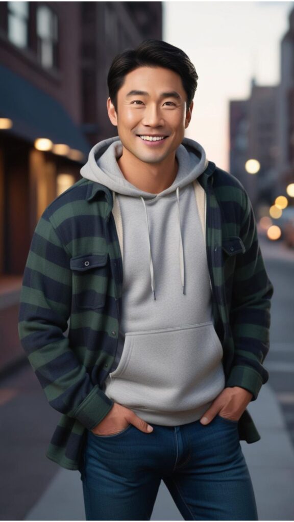 Generate an image of a handsome man wearing blue jeans, a gray hoodie, and a dark green flannel shirt layered over the hoodie.