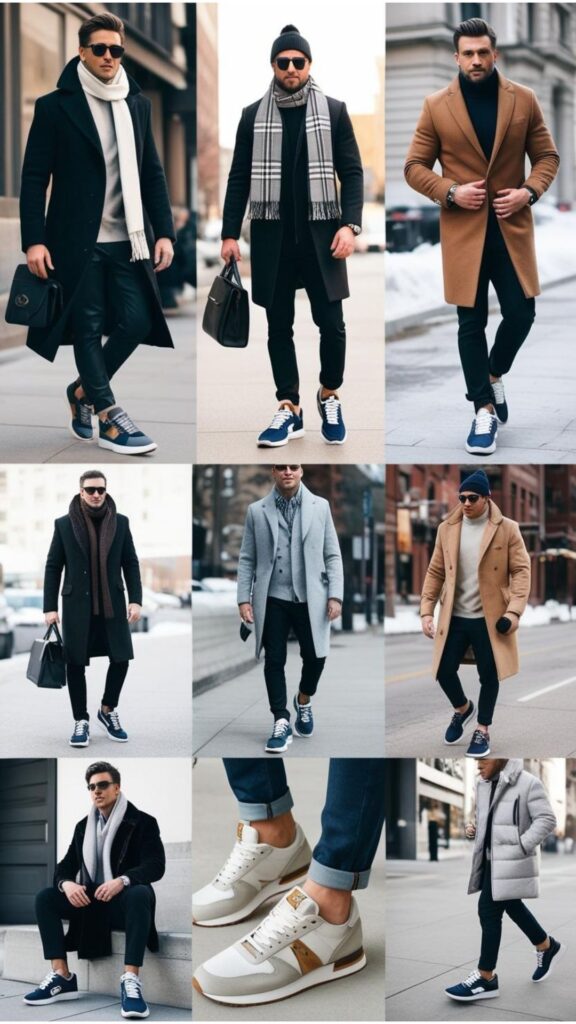 Men's sneaker culture: stylish winter outfits incorporating sneakers.