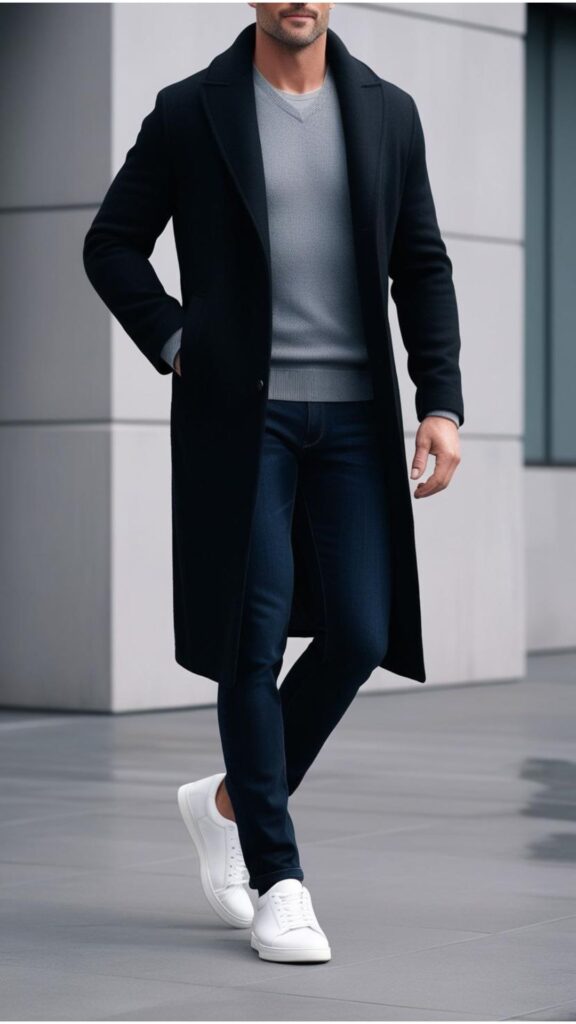 Generate an image of a man wearing a long, black coat over a gray sweater, blue jeans, and white sneakers.
