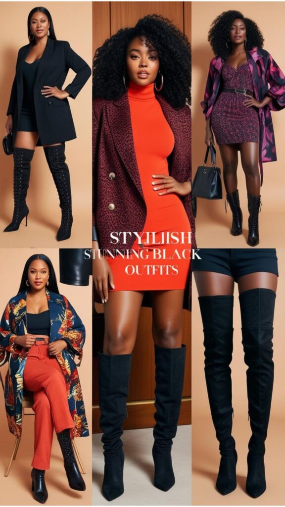 Stylish stunning black women showcasing various boots outfits, highlighting different boot heights and styles (e.g., thigh-high boots, combat boots, heeled booties) paired with fashionable clothing.