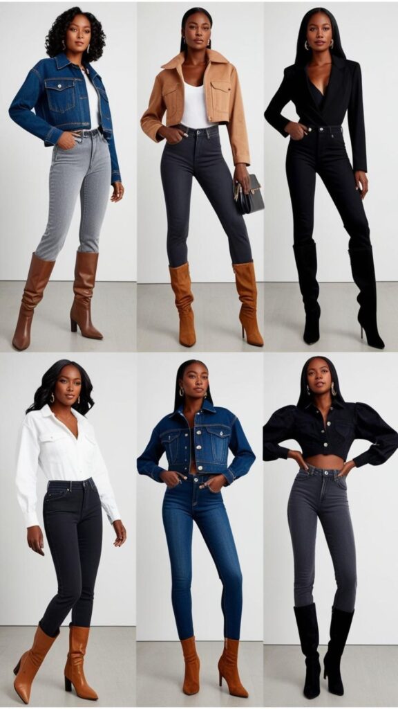 Stylish stunning black women showcasing various boots and jeans outfits, highlighting different boot styles (ankle boots, thigh-high boots) and jean washes (light wash, dark wash, black).