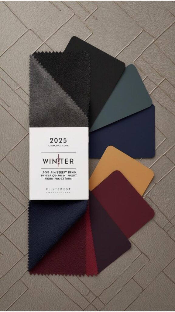 A color palette featuring classic winter hues like grey, black, navy, and burgundy, alongside potential accent colors inspired by the 2025 Pinterest trends.