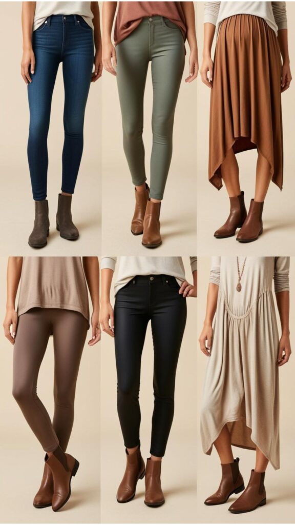 Casual and comfortable boots outfits for women, featuring flat ankle boots or riding boots paired with comfortable jeans, leggings, or casual dresses.